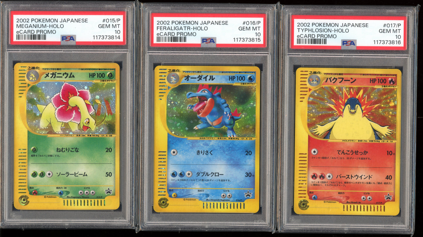 2002 PSA 10 Meganium Feraligatr Typhlosion Ecard Lottery Promo Sequential 015, 016, 017/P Japanese Pokemon Card w Original Certificates