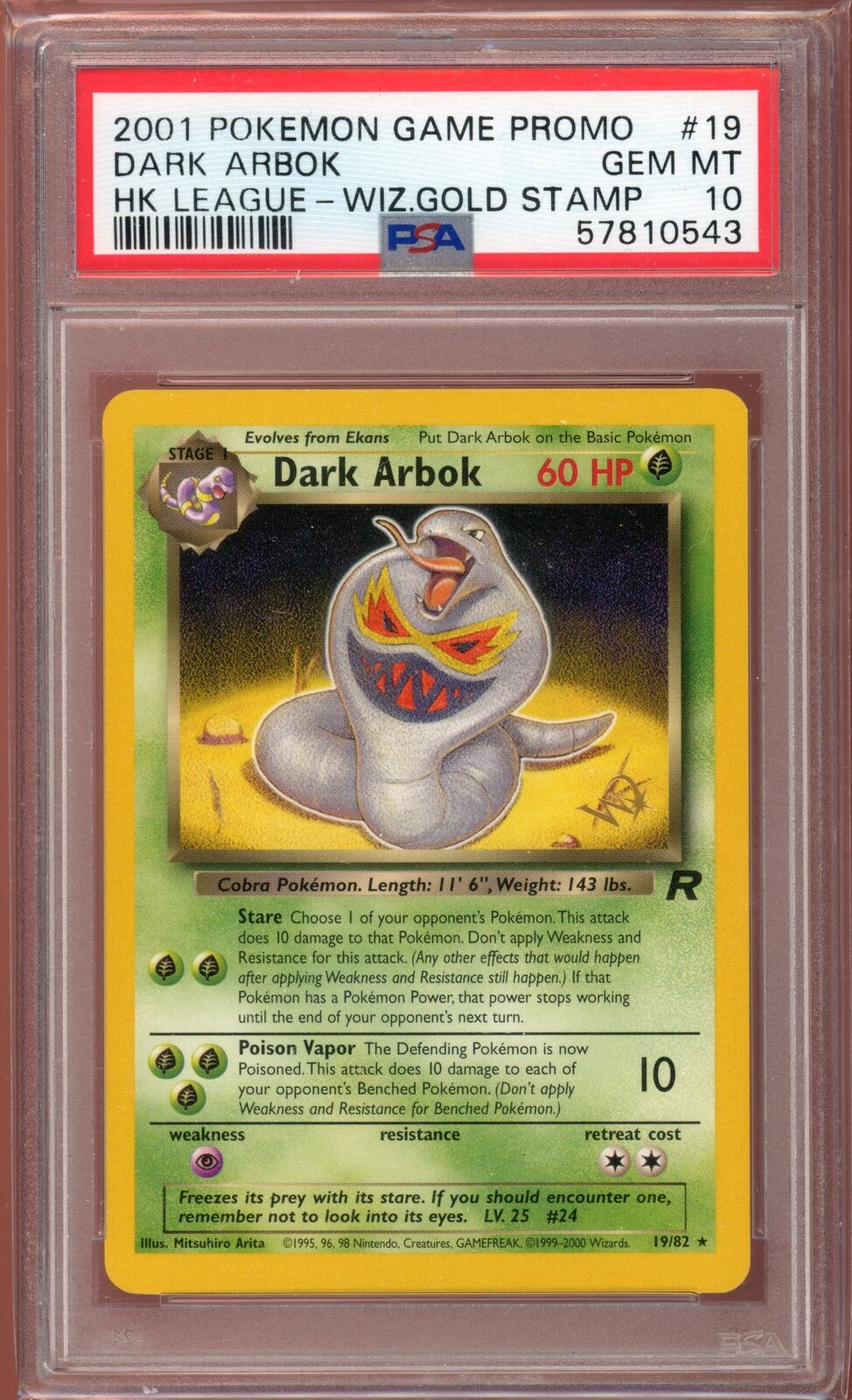 PSA 10 Dark Arbok Gold W Stamp HK League 2002 Rocket Promo Pokemon Card 19/82