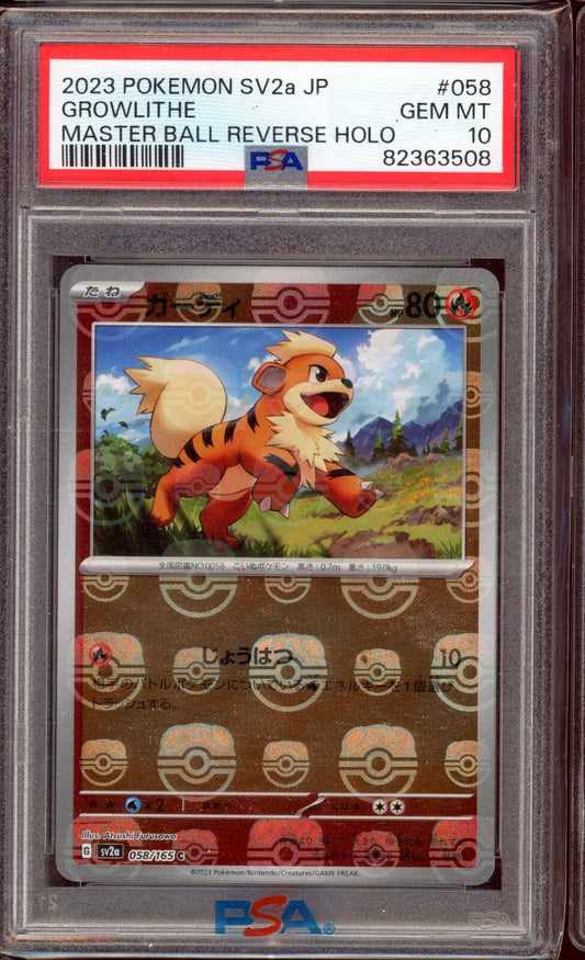 PSA 10 Growlithe Masterball Reverse Holo 058/165 sv2a 151 Pokemon Card