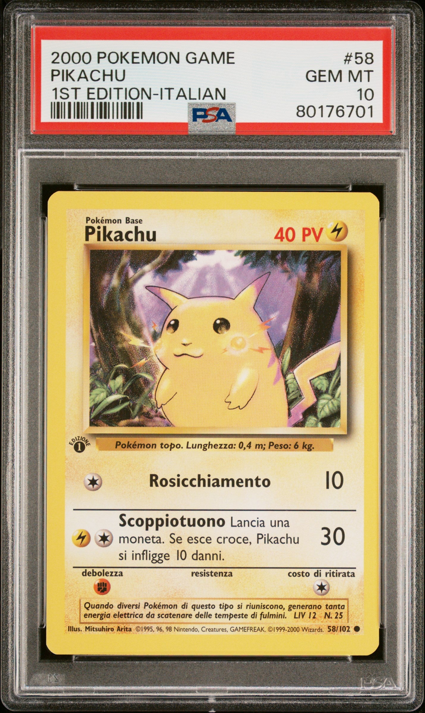 2000 PSA 10 Pikachu 58 1st Edition-Italian Game Pokemon